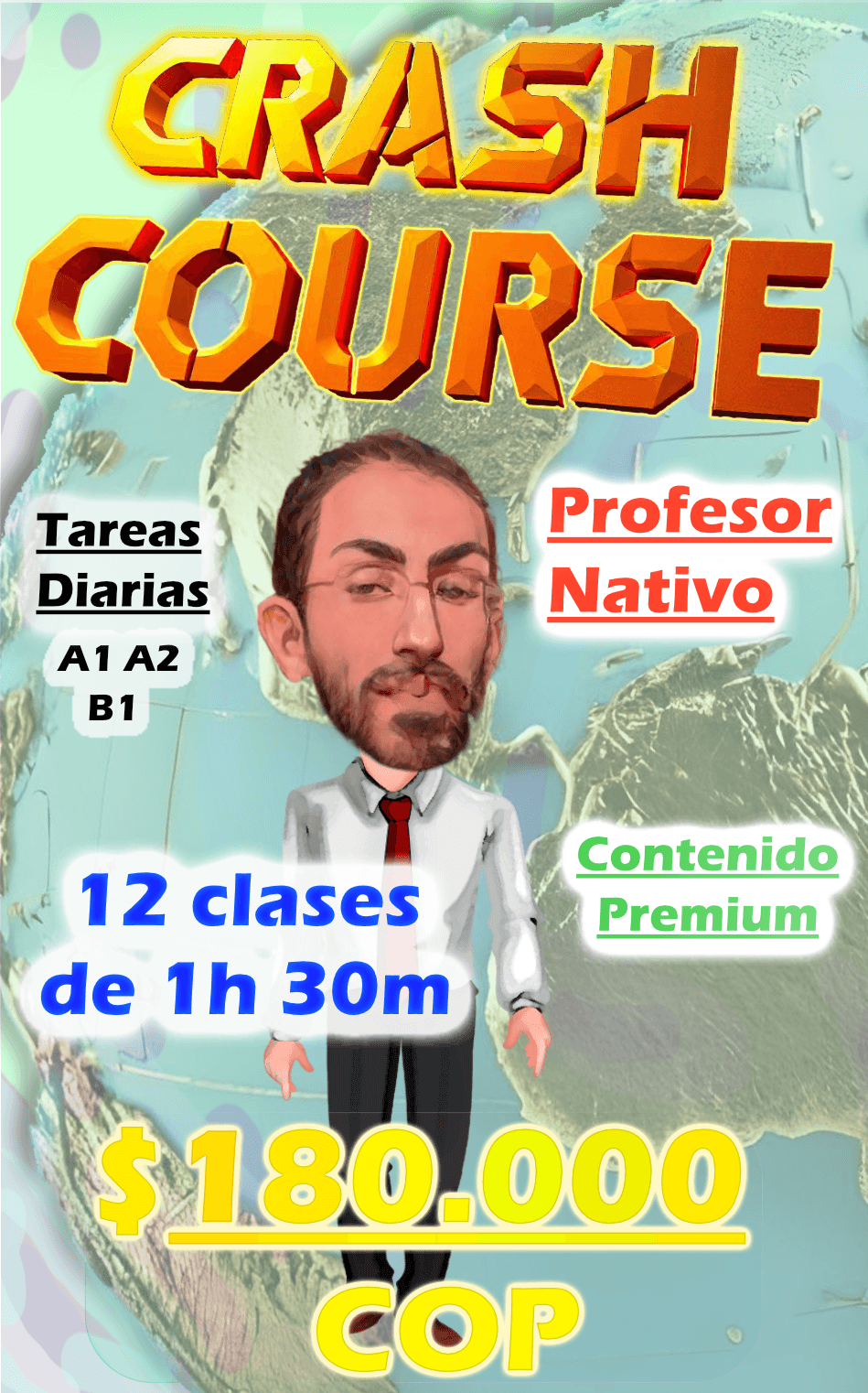 Clases intensivas virtuales de inglés por 180 mil pesos colombianos, tareas diarias, 12 clases de 1 hora y 30 minutos,